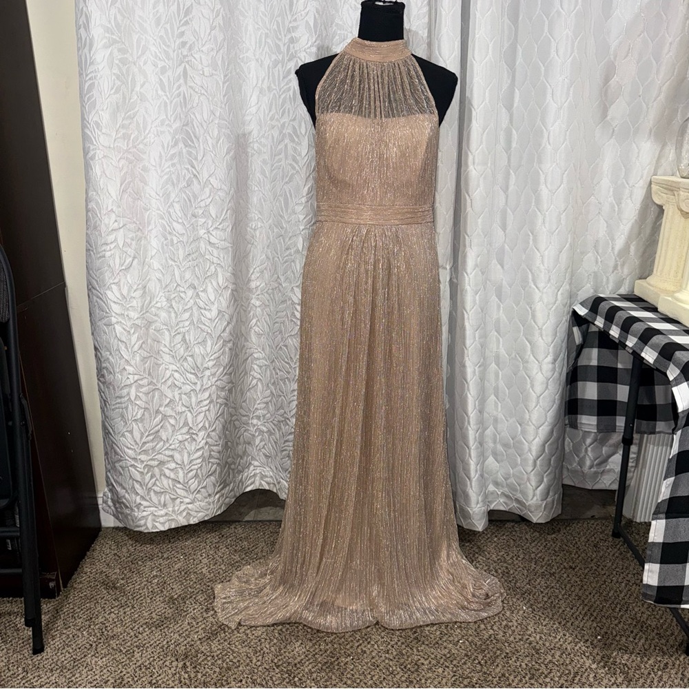 Adrianna Papell Bronze Rose Gold Halter Maxi Dress Size 6 Shimmer Formal Elegant